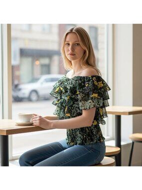 XOXO Womens Large Ruffled Off-Shoulder Top With Abstract Print